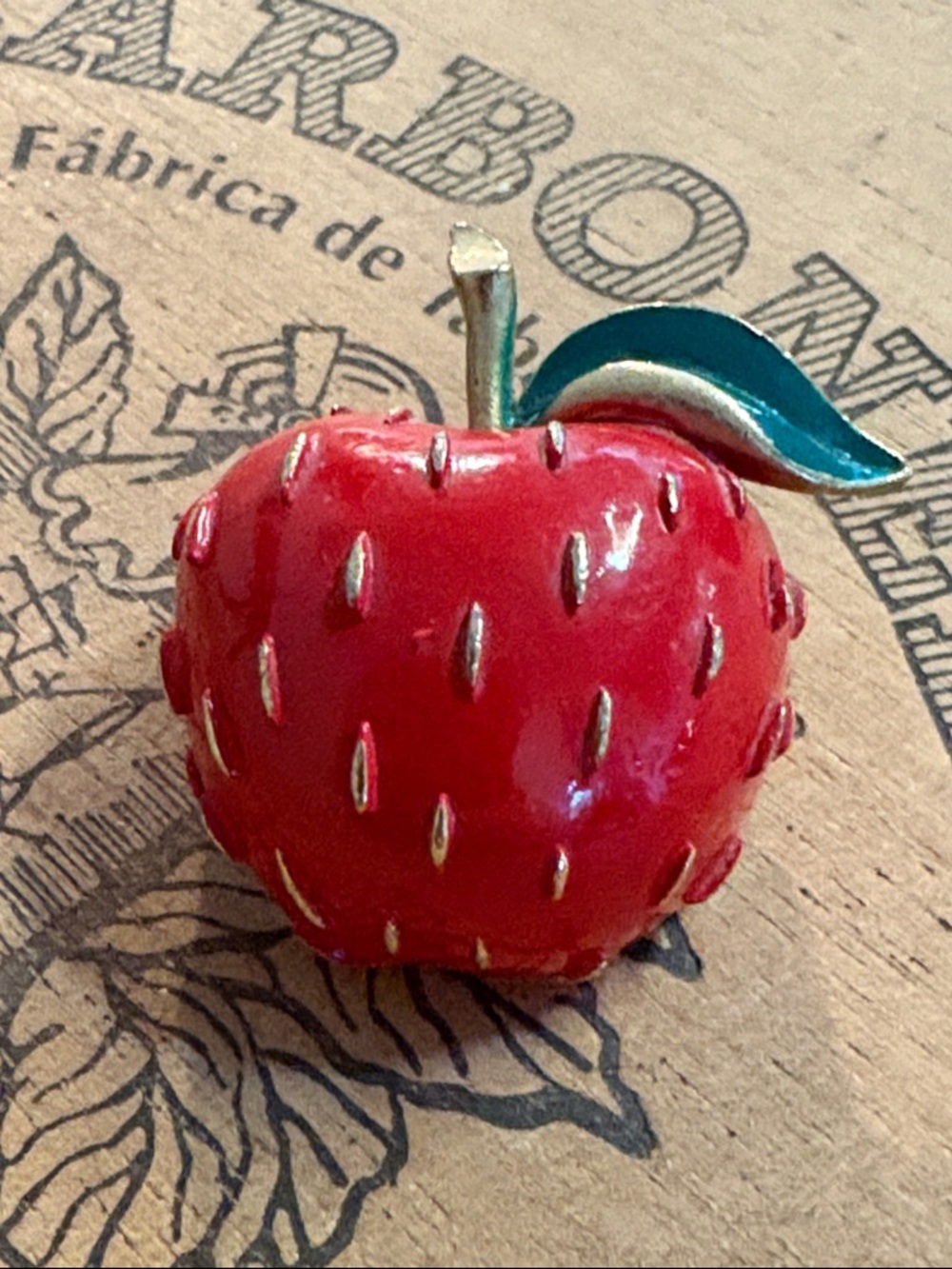 Napier Red Apple Enamel Brooch with Green Leaf